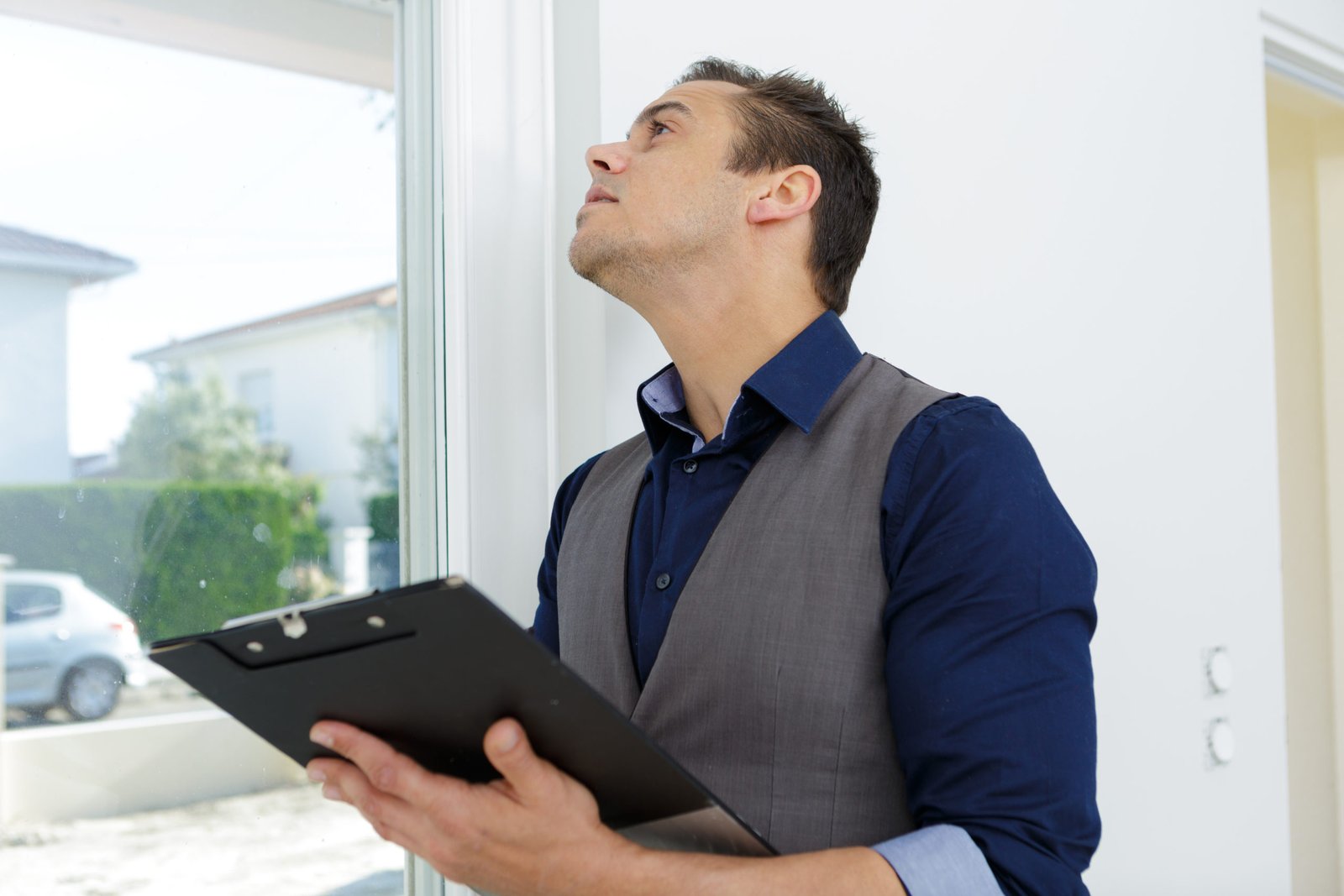 estate agent inspecting window in property Home Safety Assessment