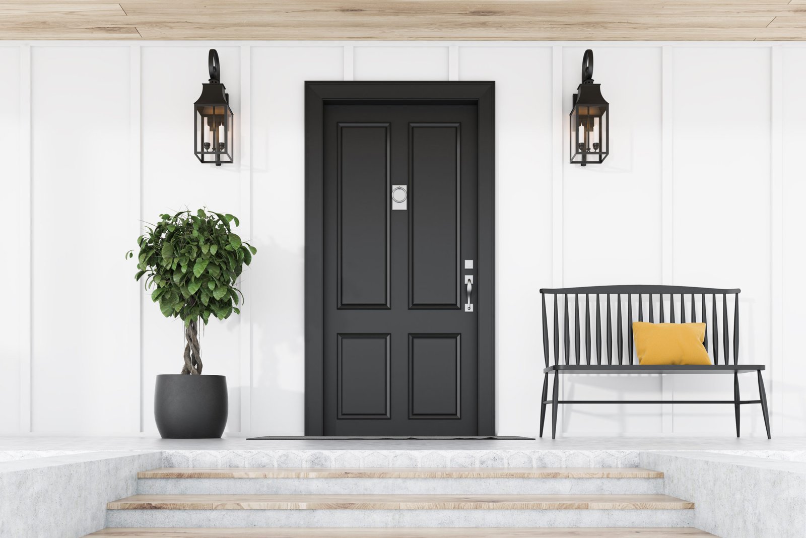 Black front door of white house, tree and bench Exterior Doors