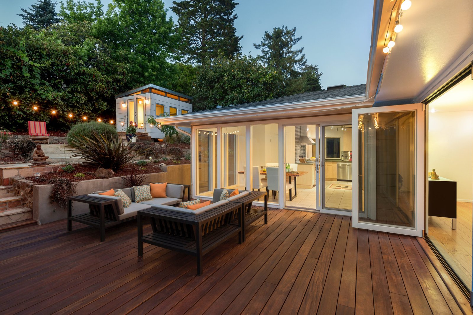 Amazing furniture patio / wooden deck at twilight.